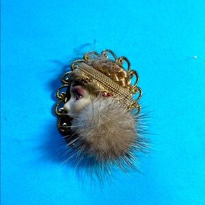 Vintage Profile Lady with Fur Brooch